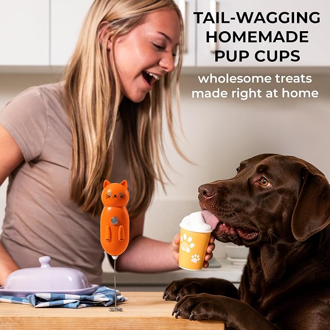 Zulay Kitchen Cat Milk Frother Wand – Cutesy Frother, Meet Your New Frothing Buddy Tiger The Cat, Adoption Papers and Stickers Included, Purrr-fect for Lattes, Cappuccino & Matcha – Orange