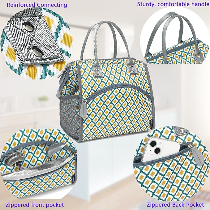 FlowFly Insulated Lunch Bag for Women, Men, Large and Reusable, Handle, Work and Travel Tote and Meal Prep Organizer, Square