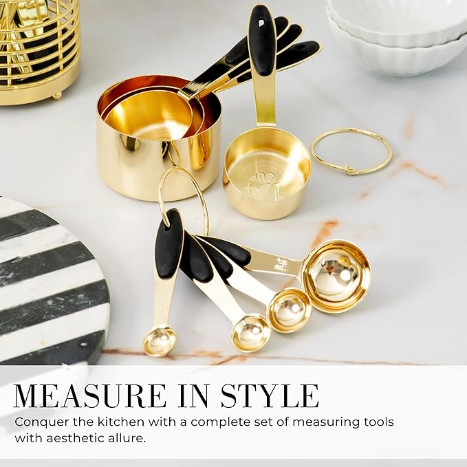 Styled Settings Black and Gold Measuring Cups and Spoons Set - 8PC Stainless Steel Measuring Spoons and Cups Set for Precise Baking & Cooking - Stylish Black and Gold Kitchen Accessories