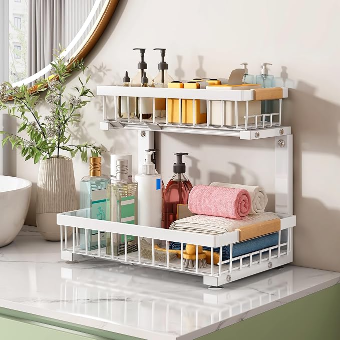 Kitstorack Under Sink Organizer, 2 Tier Under the Sink Storage, Slide out Pull out Cabinet Organizer Shelf, Metal Sliding Drawer for Kitchen Bathroom Pantry Closet Organization Rack, White, 2 Pack