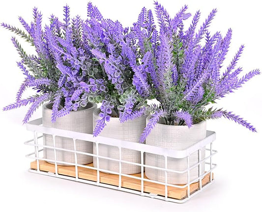 Small Fake Plants, 3 Pack Mini Artificial Plants Fake Lavender Plant in Pot, Artificial Lavender Decor Plant Indoor for Home Bedroom Living Room Decoration, Purple
