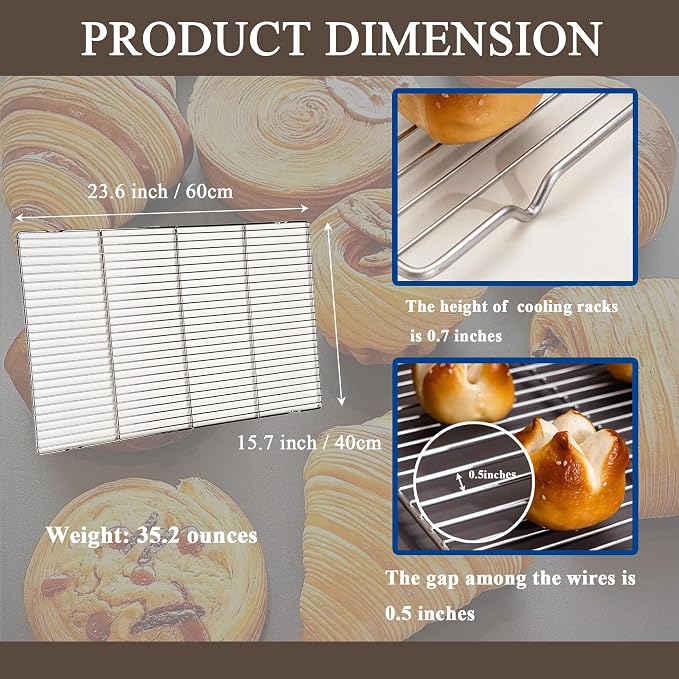 Set of 2 Large sized Cooling Racks, for Cooking, Roasting, Drying, Rust-Resistant 304 (18/8) Stainless Steel Cooling Grilling for Baking, Heavy Duty Tight-Wire, Oven safe, 23.6 x 15.7 inches