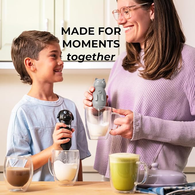 Zulay Kitchen Cat Milk Frother Wand – Cutesy Frother, Meet Your New Frothing Buddy Storm The Cat, Adoption Papers and Stickers Included, Purrr-fect for Lattes, Cappuccino & Matcha – Gray