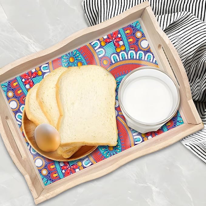 Generic DIY Diamond Serving Tray Rectangular Upgrade Increase Breakfast Tray with Handles Handmade Diamond Art Painting Wooden Tray Dinner Plate for Coffee Living Room Home Organizer-Mandala04