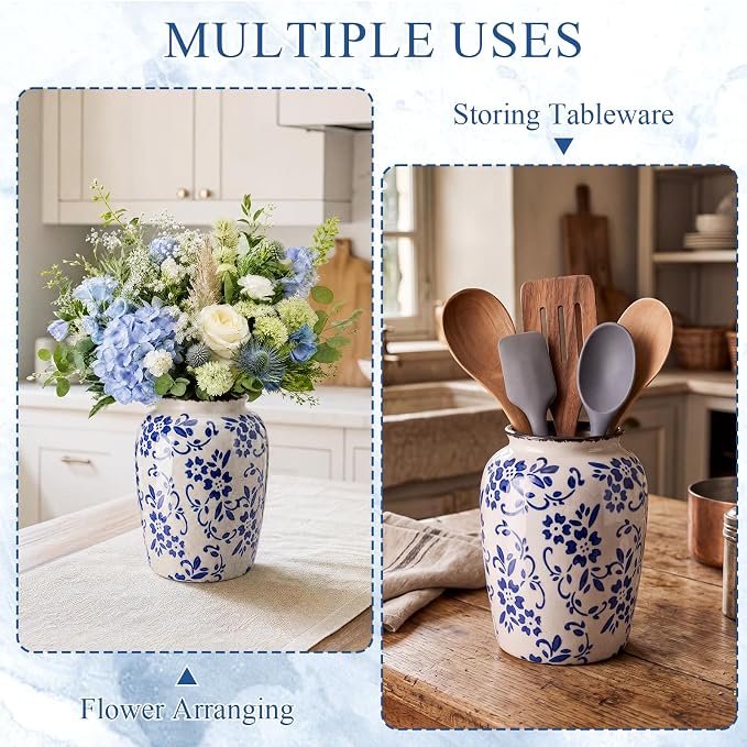 Vintage Kitchen Utensil Holder Chinoiserie Floral Ceramic Utensil Holder Crock Farmhouse Rustic Blue and White Kitchen Decoration for Countertop Organizer
