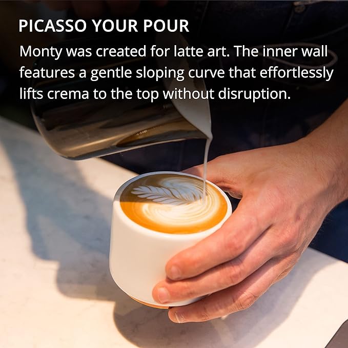 Fellow Monty Milk Art Cups Bundle - Matte White with Copper Base - Double Wall Ceramic Cappuccino Mugs - 6.5oz & 11oz - Set of 2