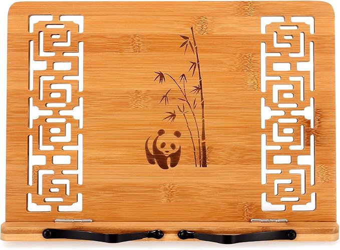 MEGREZ Bamboo Book Stand (13.2 x 9.4 inch) for Reading, Kitchen Cookbook Holder, Adjustable for Tablet/Textbook, Hollow Bookrest, Panda