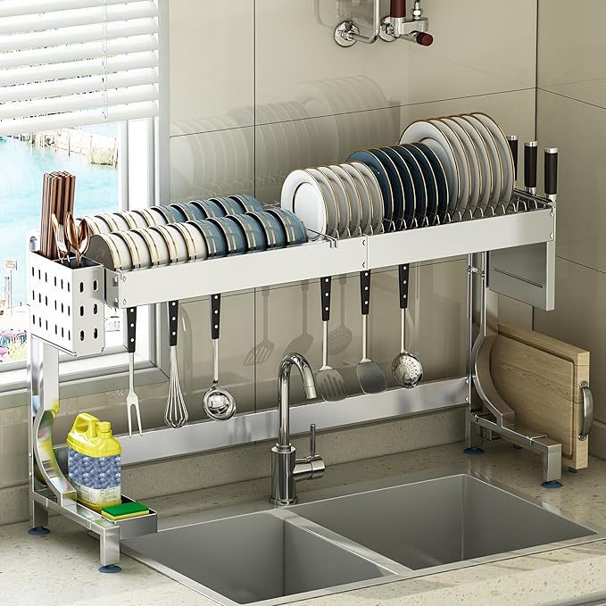 MINGLING Over Sink Dish Drying Rack Kitchen Dish Rack Over Sink Height & Width Adjustable Large Over Sink Dish Drainer Rack Full Stainless Steel (W21.2-37"~ H18.5-22" Silver)