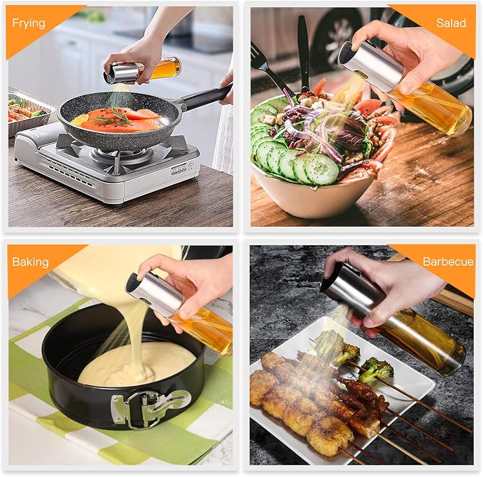 NORBASE Oil Sprayer for Cooking, 2 Pack Upgraded Olive Oil Spray Bottle Mister Refillable with Scale Air Fryer Accessories for Kitchen, Salad, Baking, BBQ, Frying
