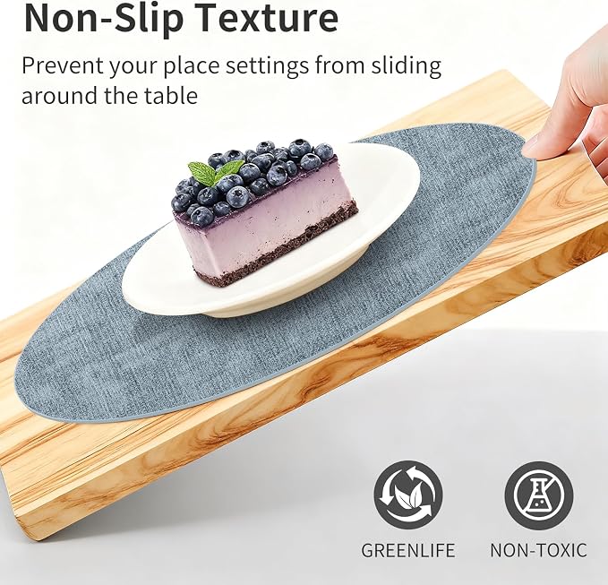 Maxpearl Round Placemats Set of 6, 13.8 inch Faux Leather Heat Resistant Table Mats, Non Slip Waterproof Wipeable Place Mats for Kitchen Dining Holiday Party Table Settings, Blue