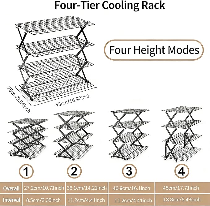 4-Tier Collapsible Cooling Rack with Adjustable 3 Setting, Wire Cooling Roasting Cooking Baking Drying Rack for Cookies Bread Turkey, Candy, Fruit, Snacks