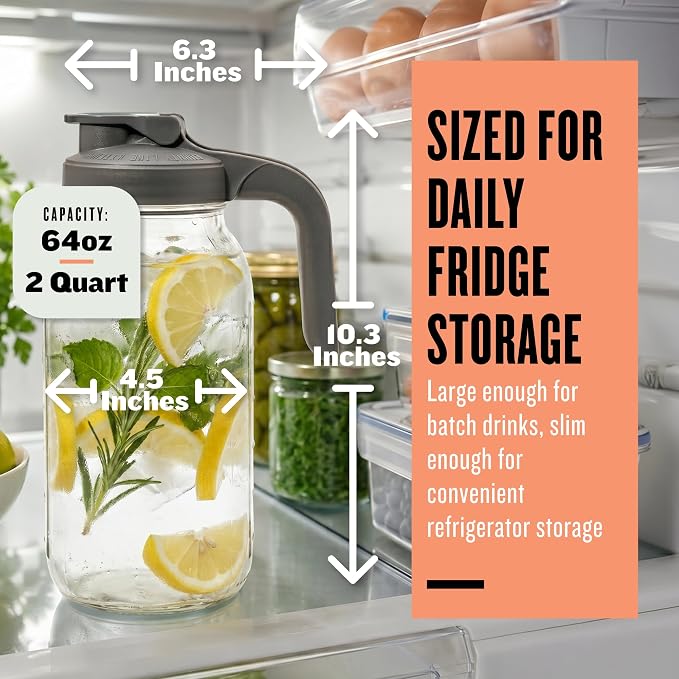 County Line Kitchen Glass Mason Jar Pitcher with Lid - Wide Mouth, 2 Quart (64 oz) - Heavy Duty, Leak Proof - Sun & Iced Tea Pitcher, Cold Brew Coffee, Breast Milk Storage, Water - Gray