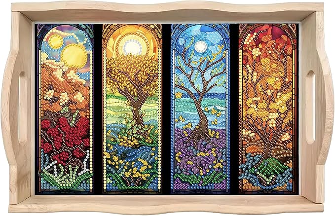 BAYUNOE DIY Diamond Serving Tray Rectangular Breakfast Tray with Handle Handmade Diamond Art Painting Wooden Tray Spring Creative Dinner Plate Coffee Room Living Home Organizer-Four Seasons Scenery