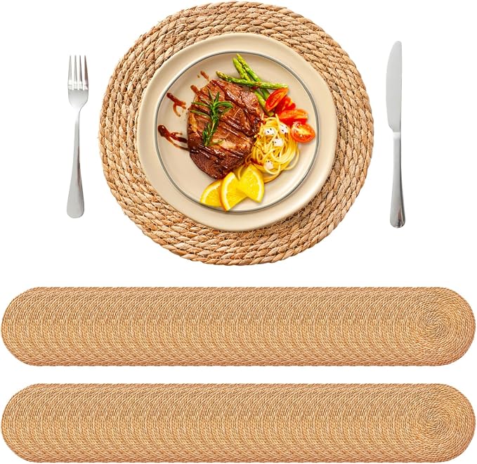 13.8'' Round Woven Placemats Set of 60, Boho Rattan Chargers for Dinner Plates, Rustic Wicker Place Mats, Straw Braided Table Placemats, for Dining Table Decor, Wedding, Farmhouse and Home Decor