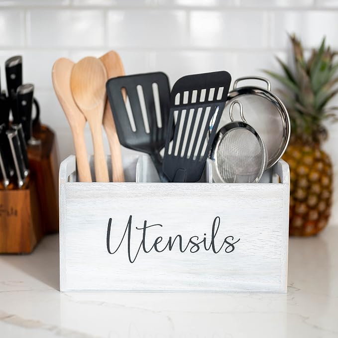 White Kitchen Utensil Holder for Countertop – Large 3-Compartment Cooking Utensil Organizer & Caddy with Drain Holes, Modern Wood Utensil Holder for Kitchen Counter, Spatula & Spoon Storage