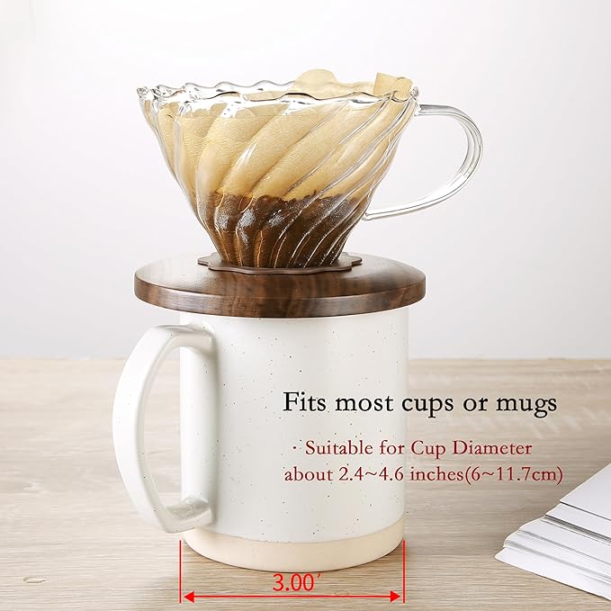 Lalord Pour Over Coffee Dripper with 100 pcs of Size 02 Paper Filter, Borosilicate Glass & Walnut Collar, Drip Coffee Maker, 1-3 Cups, Clear (Coffee Dripper)