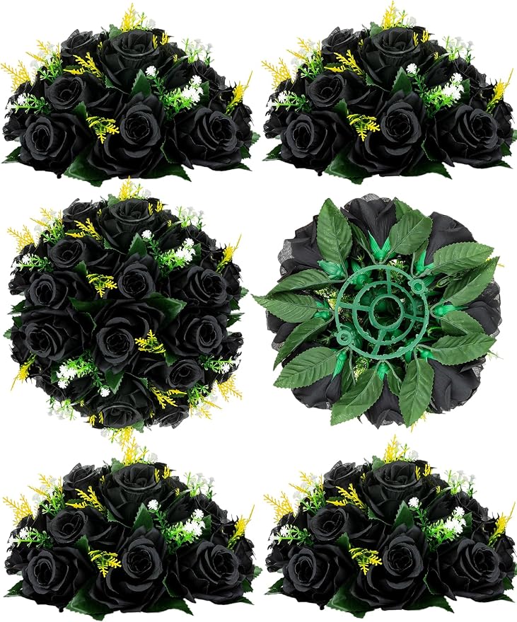 BLOSMON Flower Balls Wedding Rose Centerpieces 6 Pcs Black Fake Flowers Kissing Balls Decor Artificial Floral Arrangements Flower Bouquet of Roses Home Party Room Table DIY Decorations