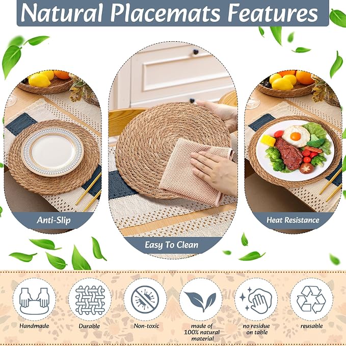 Boho Placemats 4/6/8 Set of Round Woven Placemat Macrame Style Bicolor Stitching Long Table Runner Farmhouse Rustic Natural Burlap Cotton for Kitchen Dining Table(6 Sets,Blue,12x72)