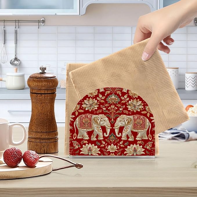 Napkin Holder Acrylic Napkin Holder for Table Kitchen Party Restaurant U Shaped Upright Napkin Dispenser Organizer Red Retro Elephant Flowers