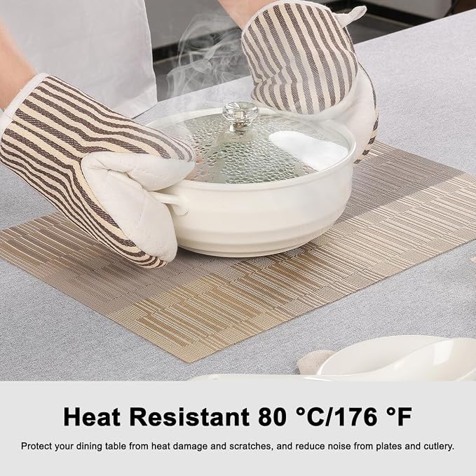 Placemats Set of 4, Vinyl Woven Place Mats Indoor Set of 4 Washable Wipeable PVC Table Mats Heat-Resistant Non Slip Plastic Placemat for Kitchen Dining Outdoor Table (Gray Gold, Set of 4)