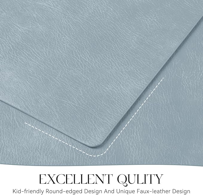 MOSAYT Vinyl Placemats Set of 12-12 X 17 Inch - Faux Leather 100% Waterproof Oil-Proof Wipeable PU Place Mats, Heat Resistant Reversible Table Mats for Kitchen, Dining, Outdoor, Light Grayish Blue