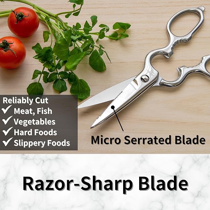 Japanese Kitchen Shears All Purpose 8" Heavy Duty Food Scissors Come Apart Blade, All Metal Japanese Stainless Steel, Made in Japan
