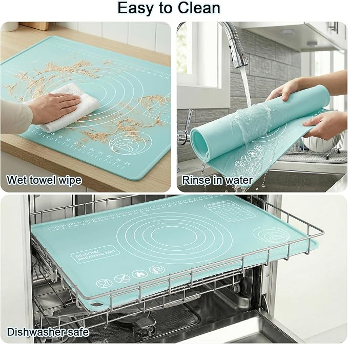 Silicone Pastry Mat 28" x 20" Extra Thick Silicone Baking Mat with Measurements and Edge Heightening Non-stick Food Grade Dough Rolling Mat Kneading Sheet for Pastry, Bread, Cookies (Mint Green)