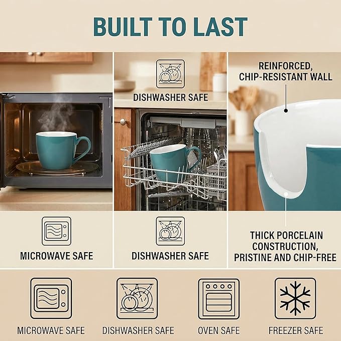 MECOWON 30 OZ Porcelain Coffee Mugs, Set of 2 Large Mugs for Soup, Cereal and Salad (Teal (bluish - green))