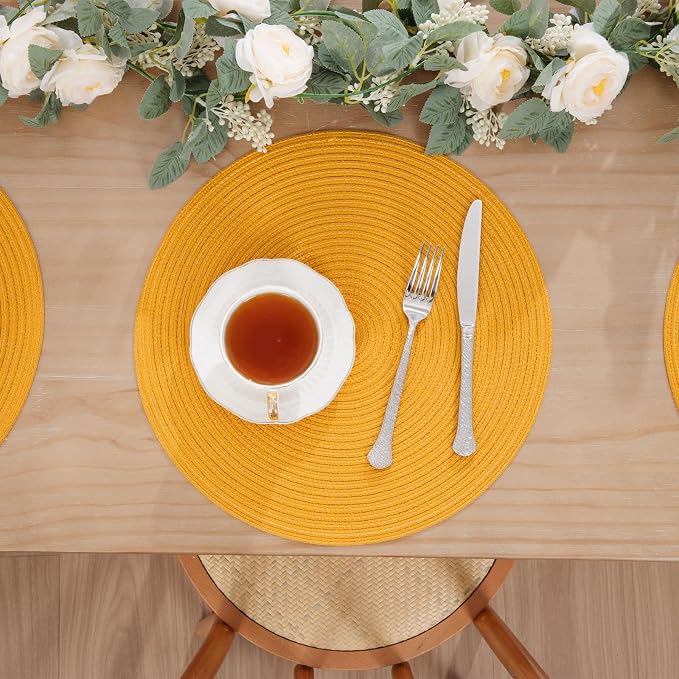 SHACOS 15 inch Round Braided Placemats Set of 6 Non Slip Washable Kitchen Table Place Mats Cotton Polyester Heat Resistant Table Mats for Home Wedding Dinner Party Table Decor, Mustard Yellow