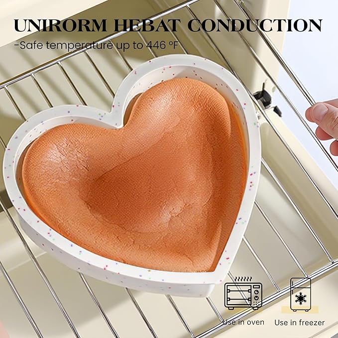 8 Inch Heart Shaped Silicone Cake Pans Set of 3, Large Nonstick Heart Baking Molds for Oven and Air Fryer, Food Grade Easy Release Heart Pan for Birthday Wedding Gift (Cream)