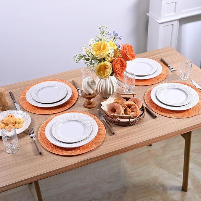 Feuille Round Braided Placemats Set of 4 Place Mats for Dining Table Woven Washable Non-Slip Table Mats 13.5 Inch Orange 4pcs