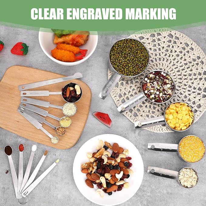Measuring Cups and Spoons Set of 16,5 Nesting Metal Measuring Cups and 5 Measuring Spoons,1 Leveler and 5 Mini Measuring Spoons for Cooking,Baking,Dry and Liquid Ingredients