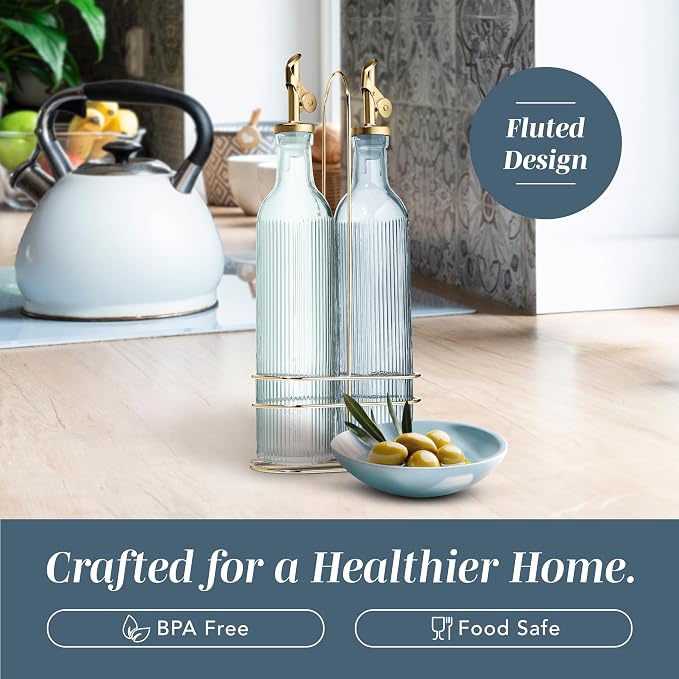 COOK WITH COLOR Glass Olive Oil Bottle Dispenser - 2 Pack- 17oz Vinegar Cruet - Olive Oil Carafe Decanter for Kitchen