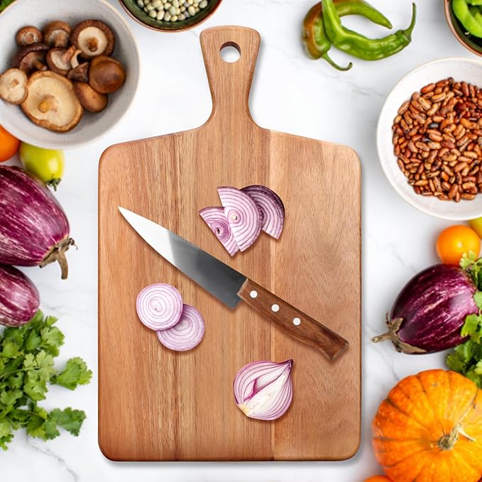 Acacia Wood Cutting Board with Handle Best Cheese for Charcuterie Board Kitchen Wooden Chopping Block for Meat Vegetable Bread Fruit Serving Board Wood Butcher Block Carving Board, 17" X 10"