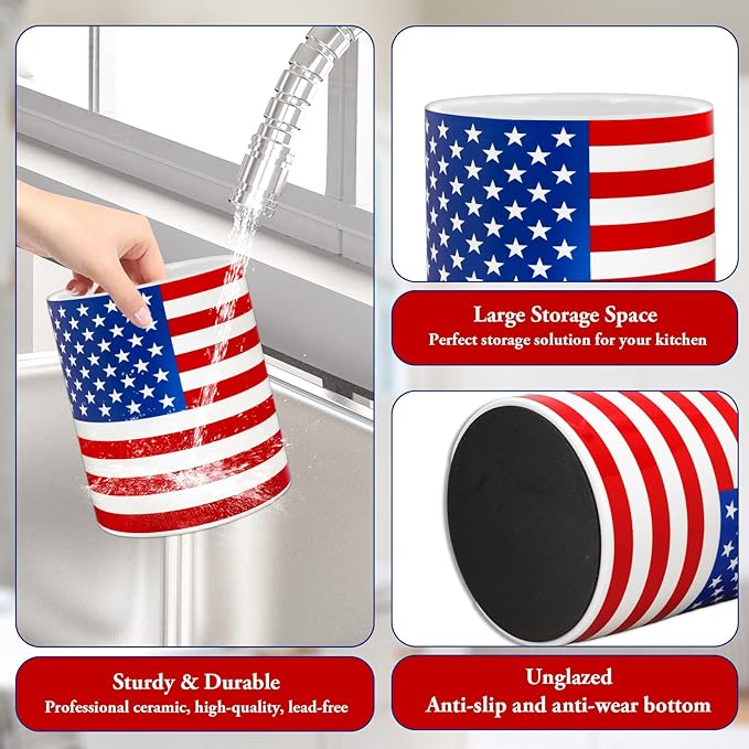 Whaline Patriotic Ceramic Utensil Holder 4th of July American Flag Utensil Crock for Independence Day 250th Anniversary Home Kitchen Countertop Storage Organizer Container