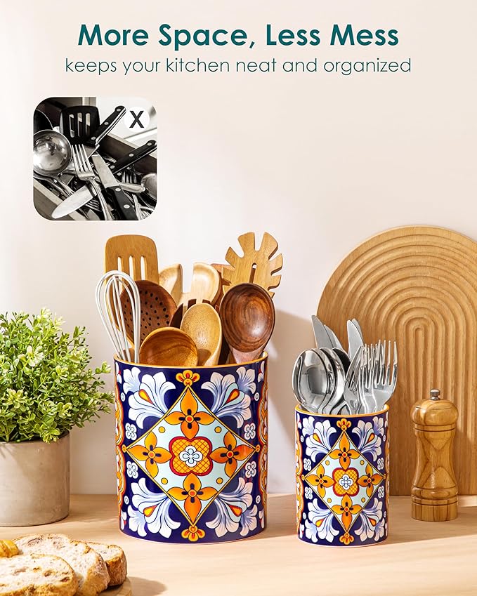 vancasso SIMI Utensil Holder, 7.3"+5.5" Porcelain Kitchen Utensil Holder for Countertop, Bohemian Kitchen Utensil Organizer for Spatulas, Spoons, Decorative Counter Utensil Crock, Amber Elegance