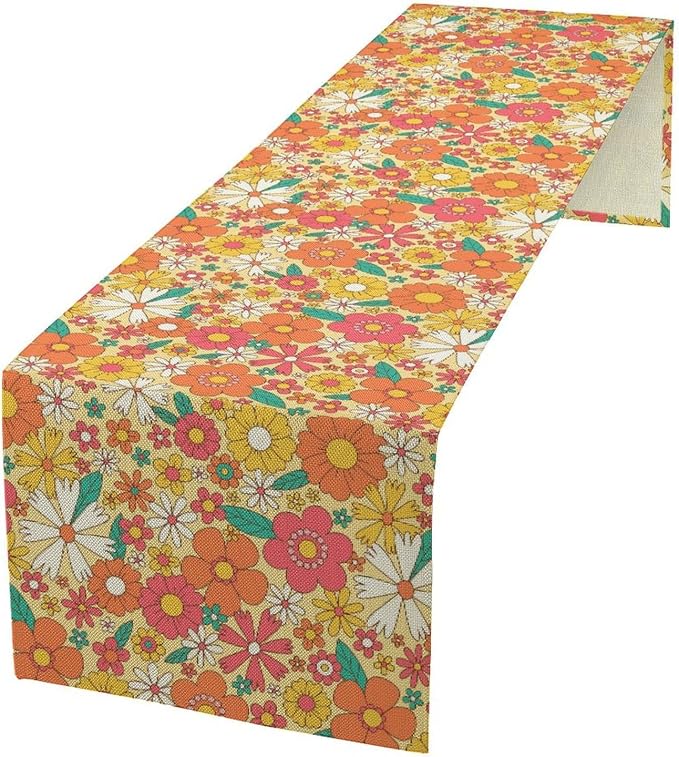 Retro 70s Floral Table Runner,Vintage Hippie Summer Groovy Daisy Flower Dinner Runner for Home Kitchen Dining Table Party Holiday Decor 13x70 Inch