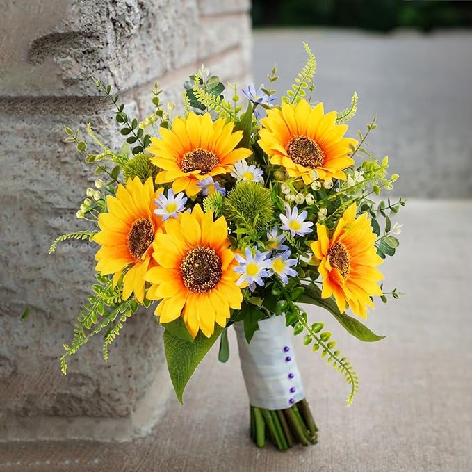 HUAESIN 15" Sunflowers Artificial Spring Flowers Bouquets Grave Flowers for Cemetery Faux Silk Flower Arrangements for Vase Home Kitchen Table Centerpieces Wedding Party Summer Decor