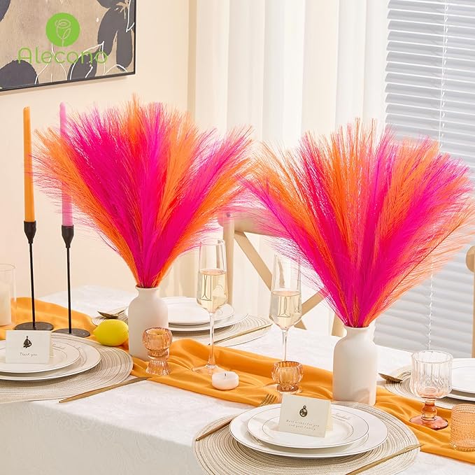 Alecono Pampas Grass 17in 𝟯𝟬𝙋𝙘𝙨, Orange and Hot Pink Artificial Faux Fluffy Pampas Grass Decor for Home Wedding Centerpieces Party