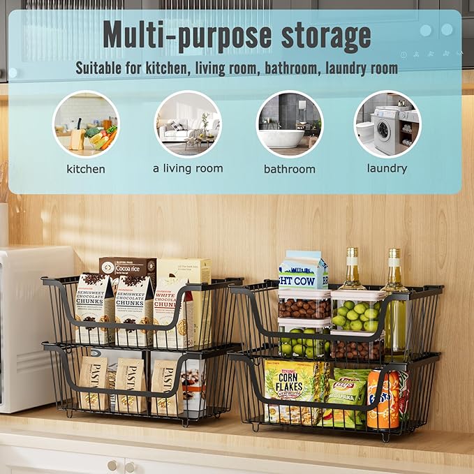GAOKASE 4 Pcs Stackable Wire Baskets for Pantry Organizers and Storage,Vegetable Fruit Basket for Countertop,Kitchen Storage Metal Baskets,Produce Potato Onion Storage Bin,Black