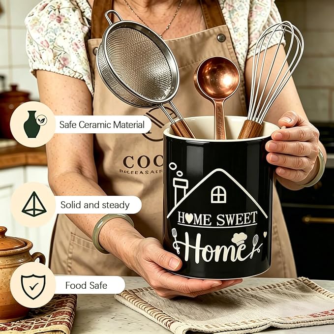Black Kitchen Utensil Holder, Home Sweet Home Ceramic Utensil Holder , Cooking Utensil Crocks for Kitchen Countertop, Kitchen Decorations Rustic Farmhouse Decor