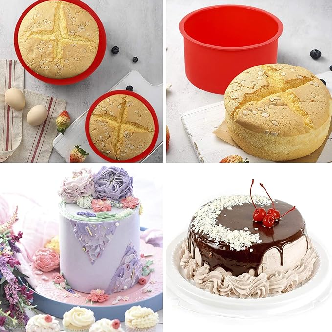 4 Inch Silicone Mini Molds, Round Non-Stick Baking Molds - Reusable Cake Pan for Muffin, Cupcake, Layer, Cheese, Rainbow Cakes (Red, Set of 6)