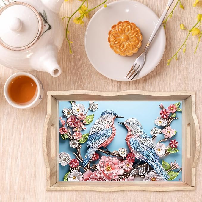 BAYUNOE DIY Diamond Serving Tray Rectangular Breakfast Tray with Handle Handmade Diamond Art Painting Wooden Tray Spring Creative Dinner Plate Coffee Room Living Home Organizer-Bird Flower