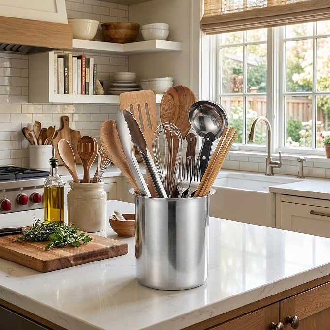 Luqeeg Stainless Steel Utensil Holder, Large Capacity Cutlery Storage, Flatware Cylinder with Simple Stylish Design for Countertop Kitchen Table Dining Table (Without Holes)