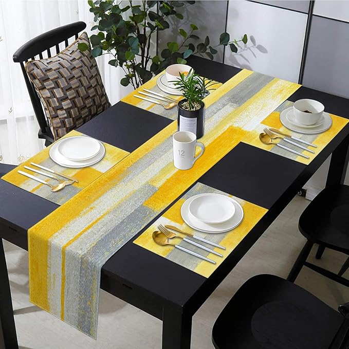 Emvency Yellow Abstract Table Runner and Placemats Set of 6, Modern Grey White Painting Art Dining Decor for Daily Use(1 Table Runner 72 inches Long and 6 Placemats)