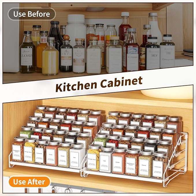 BOIVSHI Spice Organization for Cabinet, Spice Rack Organizer, Spice Rack Organizer for Cabinet, Depth Adjustable Seasoning Organzier Organizer for Cabinet, Countertop, Pantry, Metal, White (2 Pack)