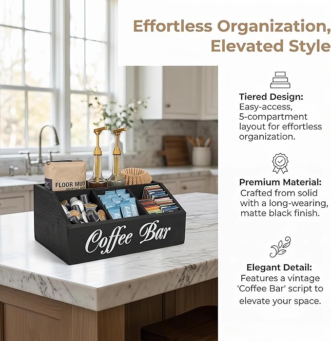 Wooden Coffee Bar Organizer, Farmhouse Counter Coffee Station Accessories Organizer, Rustic Decor Natural Solid Wood, 5 Compartment Design, Large Space Storage