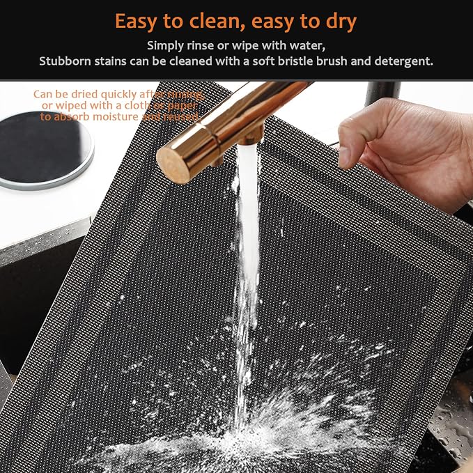 Placemats Set of 6 Washable&Wipeable Place mats for Dining Table Kitchen Indoor Outdoor Table Mats Heat Resistant Non Slip Woven Vinyl Table Placemats (Black，6PCS)