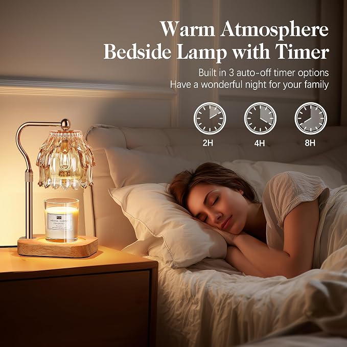 Candle Warmer Lamp with Timer Dimmer, Modern Wax Warmer for Scented Wax Jar Candle Warmer with 2 Bulbs, Adjustable Height Glass Lamp for Gifts for Women, Home Decor, Gold Amber