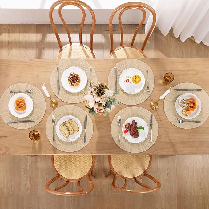 SHACOS 15 inch Round Braided Placemats Set of 4 Cotton Polyester Place Mats Washable Kitchen Dining Table Mats for Dinner Party Table Decor (Light Beige, 4)
